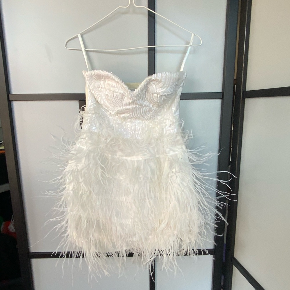 Bebe white sequin feather dress hand embellished